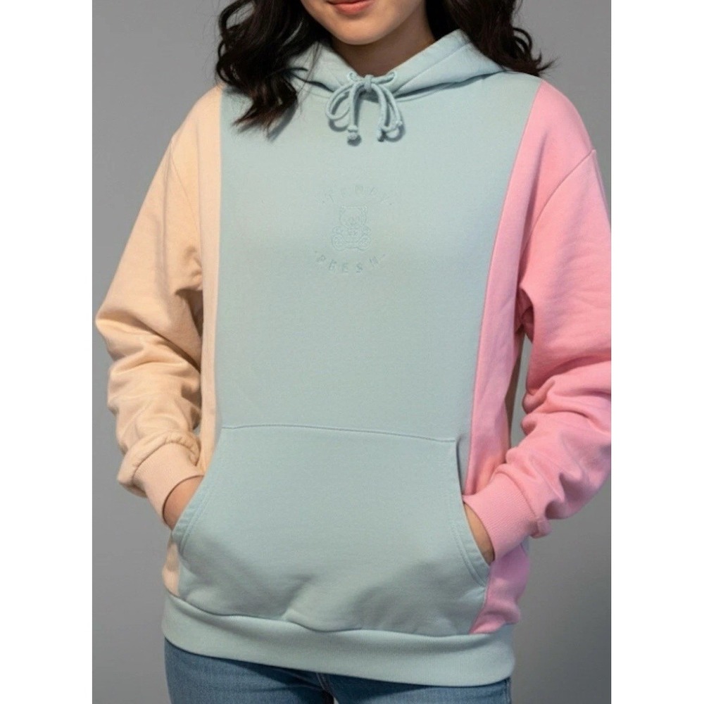 Teddy Fresh Womens L Pastel Colorblock Hoodie Pink Green & Yellow 100% Cotton
